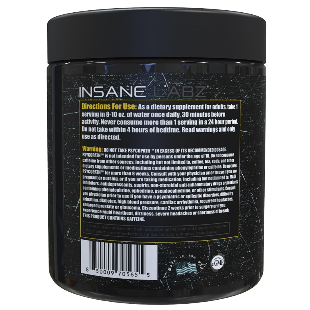 Psychopath, High Stimulant, Insane Energy, Focus and Endurance Preworkout Powder with Panax Ginseng, Rhodiola, Red Sage Root & Rauwolfia (30, Blue Raspberry)