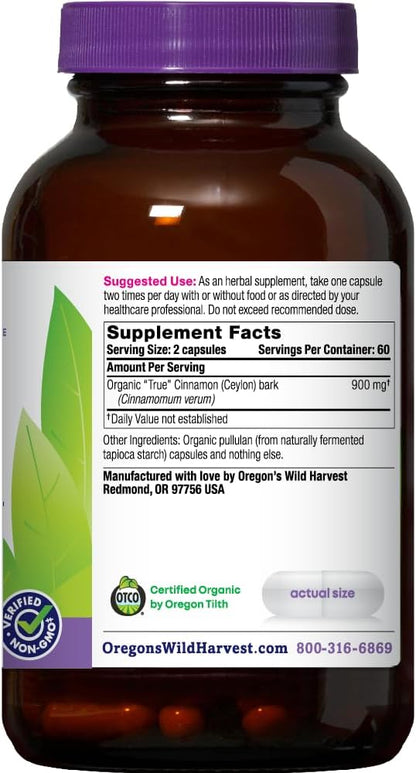 Oregon's Wild Harvest Organic True Cinnamon Ceylon 120 Count Vegan Capsules Gsupps Australia