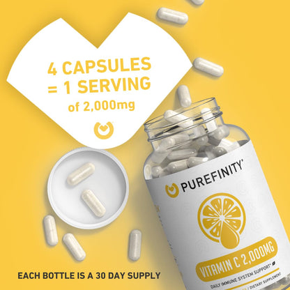 PUREFINITY Vitamin C 2000mg Capsules – Double Strength, High Absorption Supplement, Powerful Antioxidant Properties, 120 Capsules (1 Month Supply)