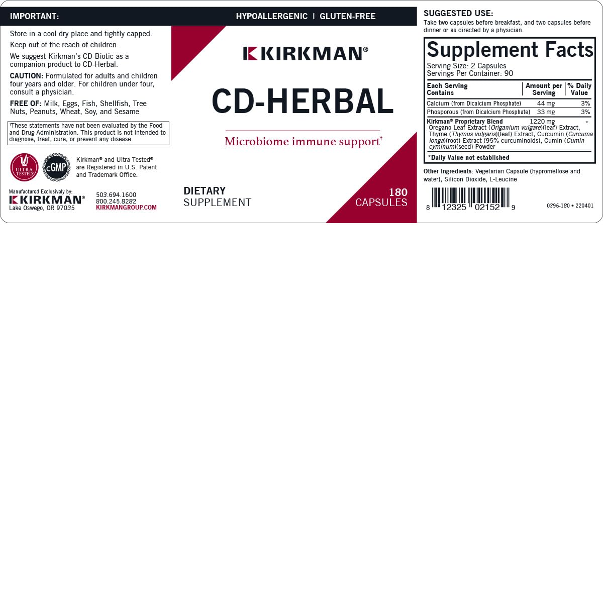 Kirkman CD-Herbal - Hypoallergenic -180 Vegetarian Capsules Kirkman buy australia supplements