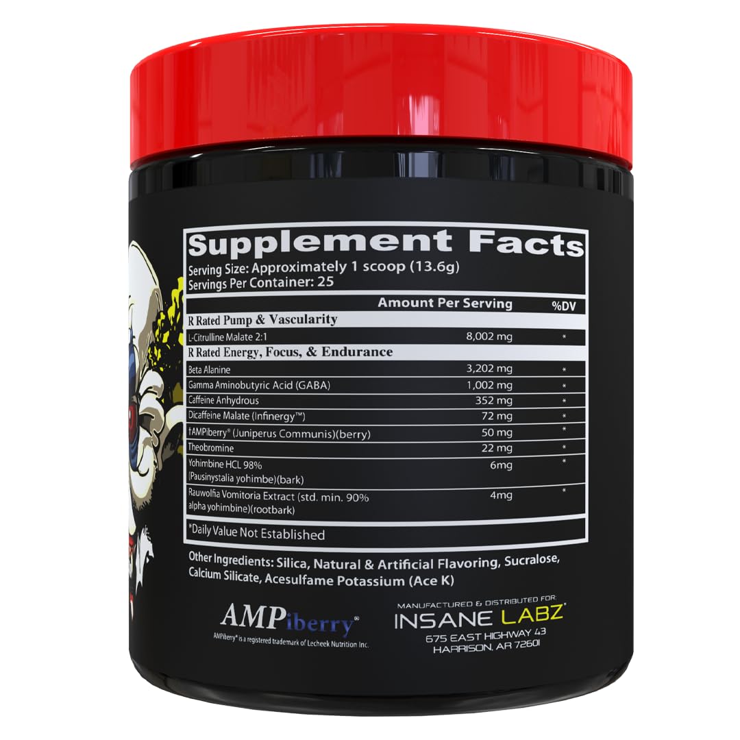 Insane Labz Psychotic Rated-R, High Stimulant Pre Workout Powder, Extreme Lasting Energy, Focus and Endurance with 8G+ L-Citrulline Malate, 3.2G+ Beta Alanine, 1G+ GABA, (25 Servings, Sour Grape)