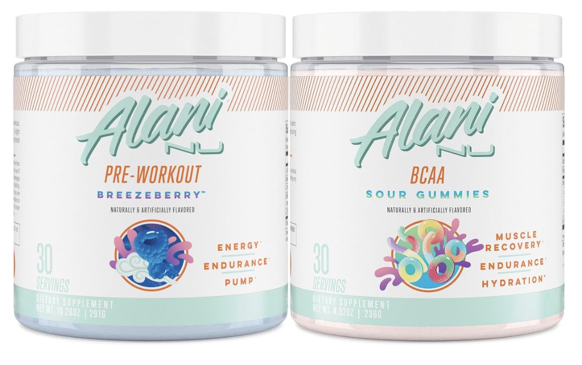 Alani Nu Breezeberry Pre Workout and BCAA Sour Gummies Post Workout Powder Bundle Alani Nu buy australia supplements