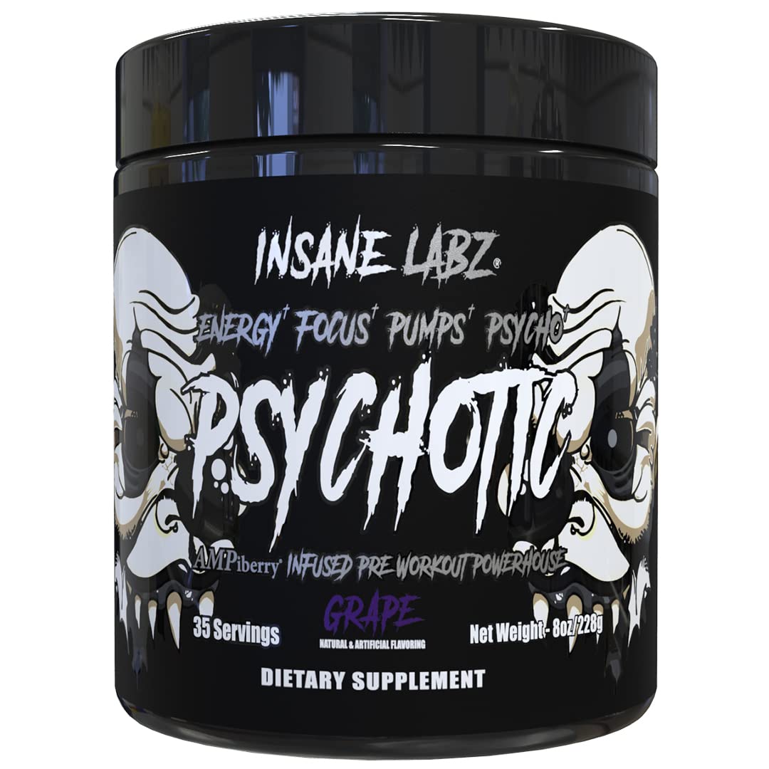 Insane Labz Psychotic Black Edition Mid Stimulant Pre Workout Powder, Energy Focus Pumps, Loaded with Creatine Beta Alanine Taurine Fueled by AMPiberry, 35 Servings (Blue Raspberry)