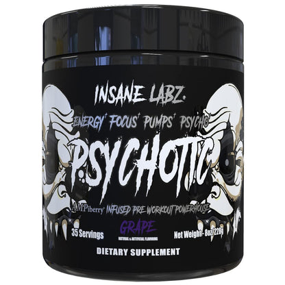 Insane Labz Psychotic Black Edition Mid Stimulant Pre Workout Powder, Energy Focus Pumps, Loaded with Creatine Beta Alanine Taurine Fueled by AMPiberry, 35 Servings (Blue Raspberry)