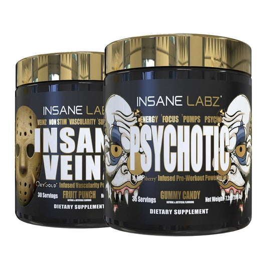 Insane Labz Psychotic Gold and Insane Veinz Gold Pre Workout Nitric Oxide Booster Stack, Increase Muscle Mass, Vascularity, Strength, Energy, Focus, Fruit Punch