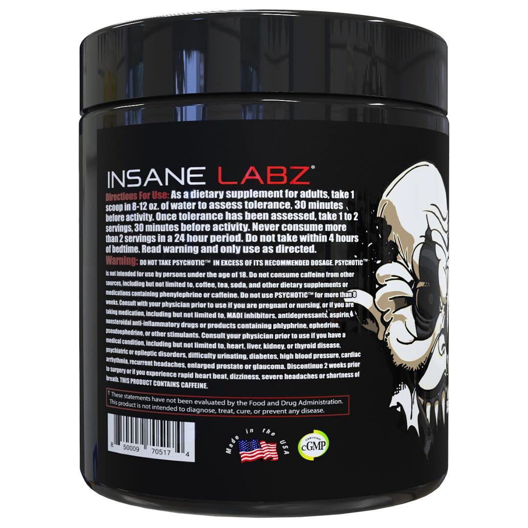 Insane Labz Psychotic Black Edition Mid Stimulant Pre Workout Powder, Energy Focus Pumps, Loaded with Creatine Beta Alanine Taurine Fueled by AMPiberry, 35 Servings (Blue Raspberry)