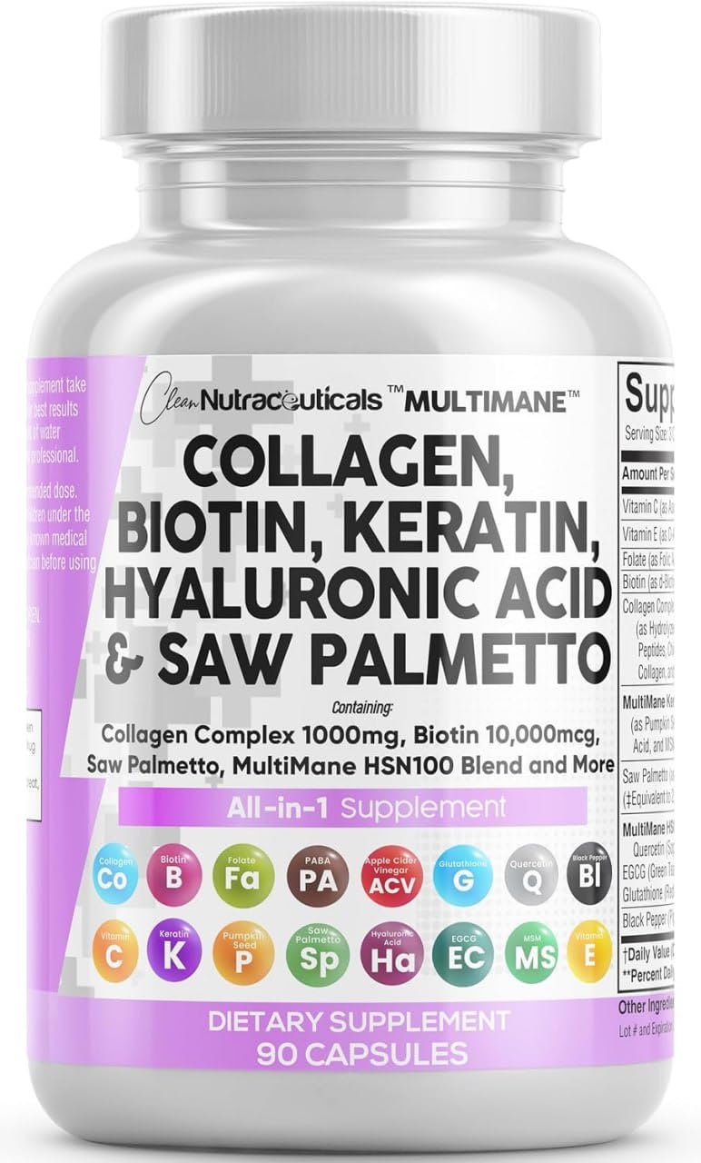 Clean Nutraceuticals Collagen Pills 1000mg Biotin 10000mcg Keratin Saw Palmetto Hyaluronic Acid - Hair Skin & Nails Vitamins & DHT Blocker with Vitamin E Folic Acid Clean Nutraceuticals