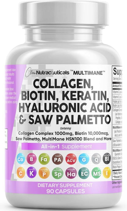 Clean Nutraceuticals Collagen Pills 1000mg Biotin 10000mcg Keratin Saw Palmetto Hyaluronic Acid - Hair Skin & Nails Vitamins & DHT Blocker with Vitamin E Folic Acid Clean Nutraceuticals