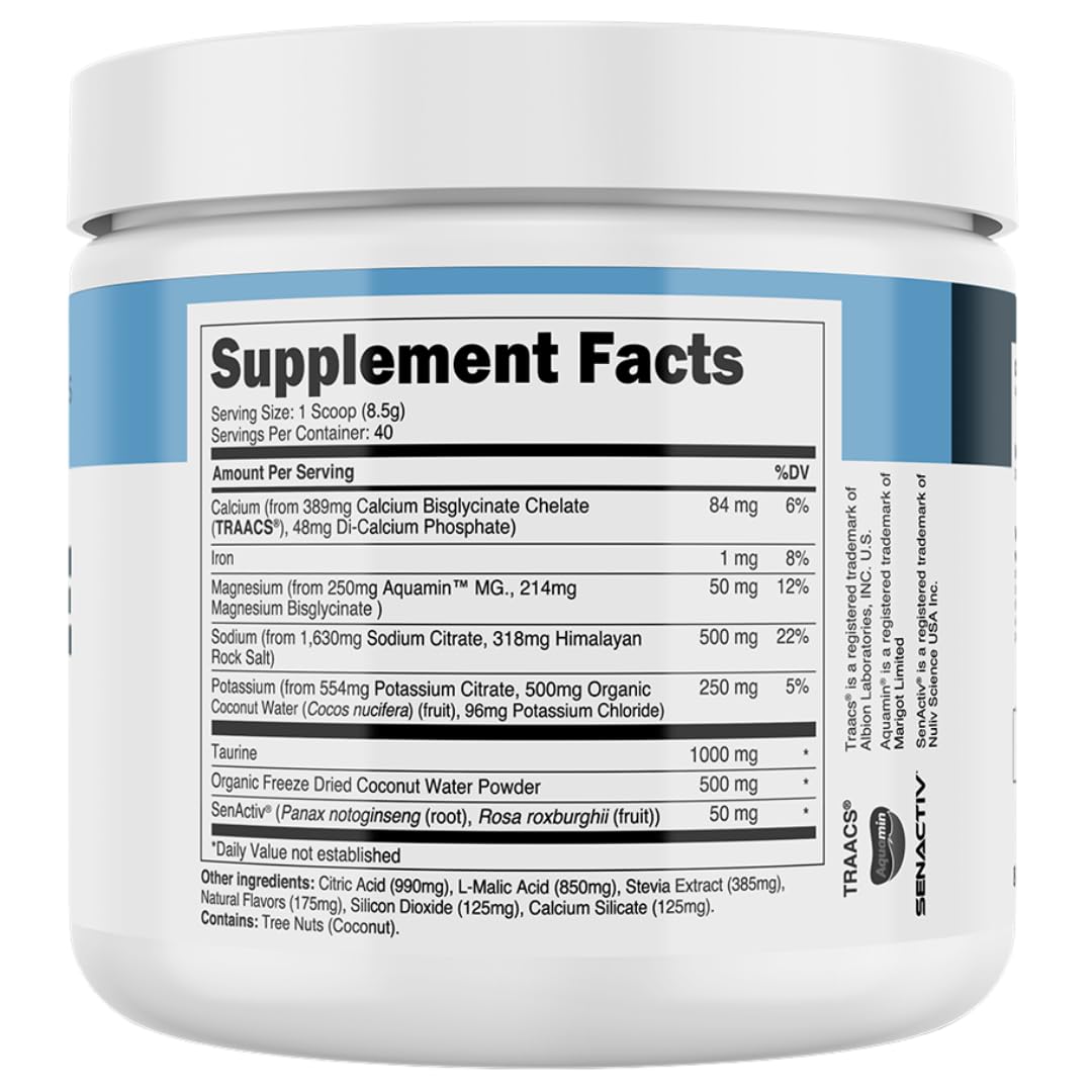 Transparent Labs Hydrate Naturally Sweetened Electrolytes Powder - Hydration Powder Electrolytes with Coconut Water, Calcium, Taurine, & Potassium - 40 Servings, Tropical Punch