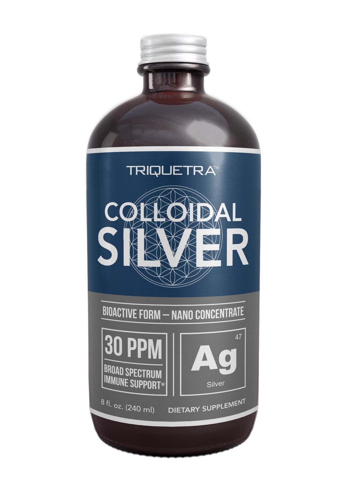 Bioactive Colloidal Silver - 8 oz, Glass Bottle, Vegan, Safe Doses with Highest Effectiveness - Nano Ions, 30 PPM - Immune Support (48 Servings) Triquetra Health