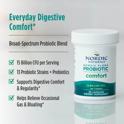 Nordic Naturals Nordic Flora Probiotic Comfort - 30 Capsules - 13 Probiotic Strains w/ 15 Billion Cultures - Supports Regularity & Digestive Comfort, Alleviates Bloating Nordic Naturals