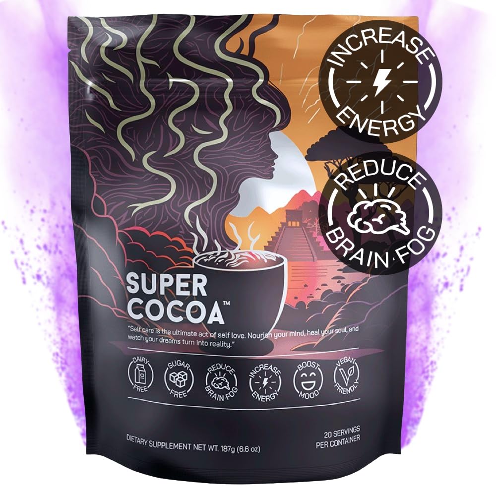 Super Cocoa Coffee Alternative Hot Chocolate Mix - Nootropics Brain Support Supplement for Memory & Focus - Mushroom Coffee Substitute - Dairy Free, Sugar Free, Super Cocoa