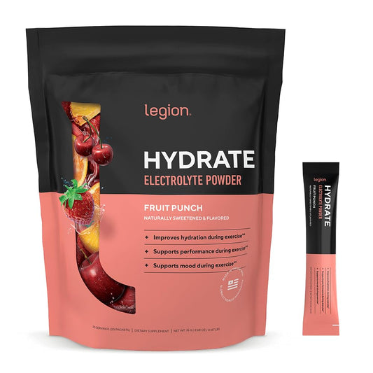 LEGION Hydrate Electrolyte Powder Packets with Sodium, Potassium & Magnesium – Sugar-Free Hydration Mix for Energy & Recovery (20 Serving, Fruit Punch)