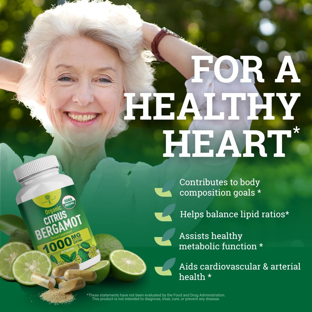 Organic Citrus Bergamot Supplement - Only USDA, Cardiologist Formulated with 200+ Scientific Studies -1000mg - Patented Extract, Heart, Cholesterol, Nourishing Nutrients
