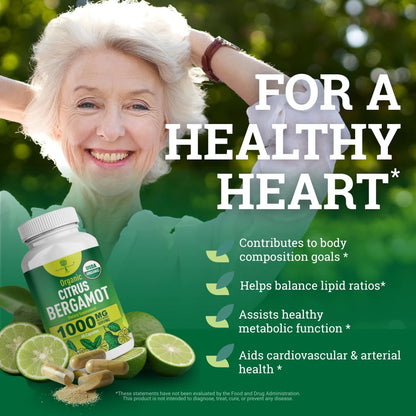 Organic Citrus Bergamot Supplement - Only USDA, Cardiologist Formulated with 200+ Scientific Studies -1000mg - Patented Extract, Heart, Cholesterol, Nourishing Nutrients