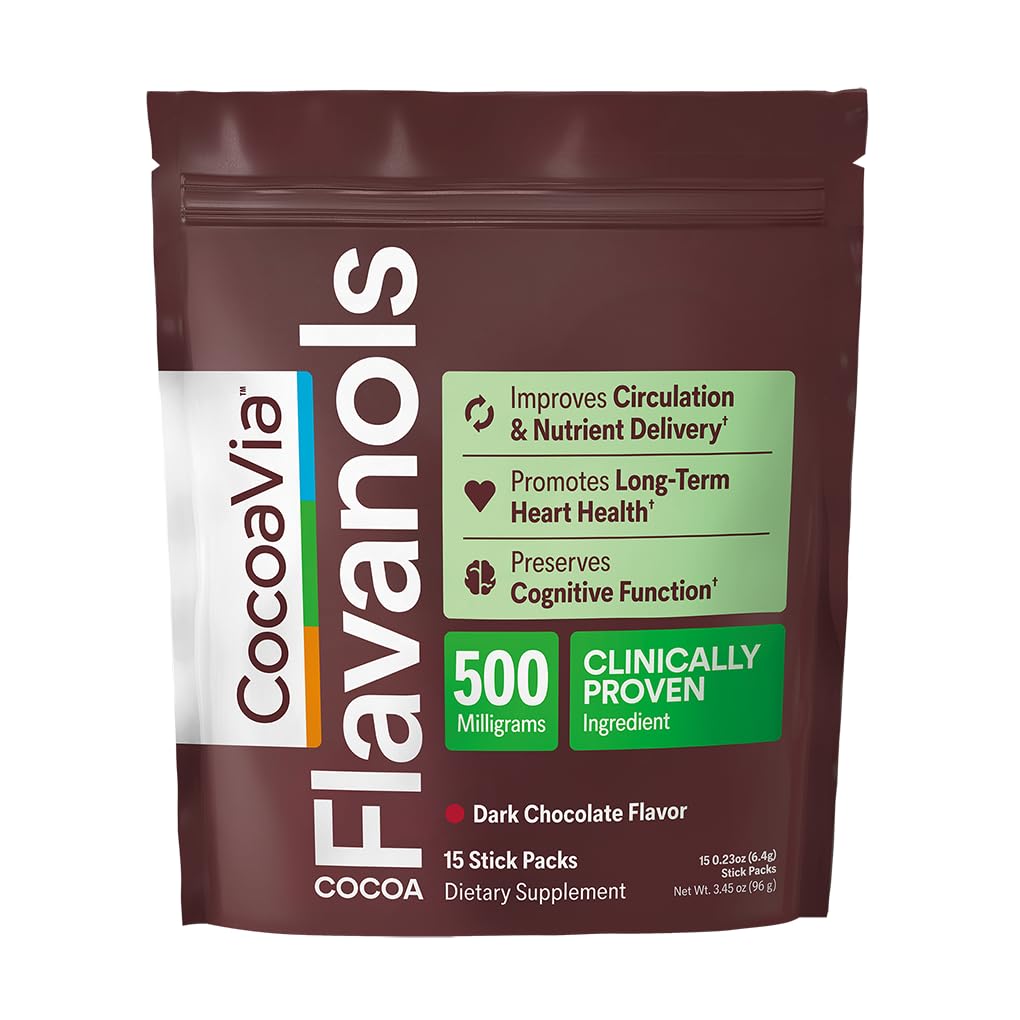 CocoaVia Cocoa Flavanols 500mg, High Flavanol Cocoa Powder, Support Heart and Brain Health, Boosts Nitric Oxide, Circulation, Preworkout, Travel-Friendly, Vegan, Dark Chocolate, 15 Single Serve Sticks CocoaVia