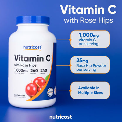 Nutricost Vitamin C with Rose Hips 1025mg, 240 Capsules - Vitamin C 1,000mg, Rose Hips 25mg, Premium Nutricost