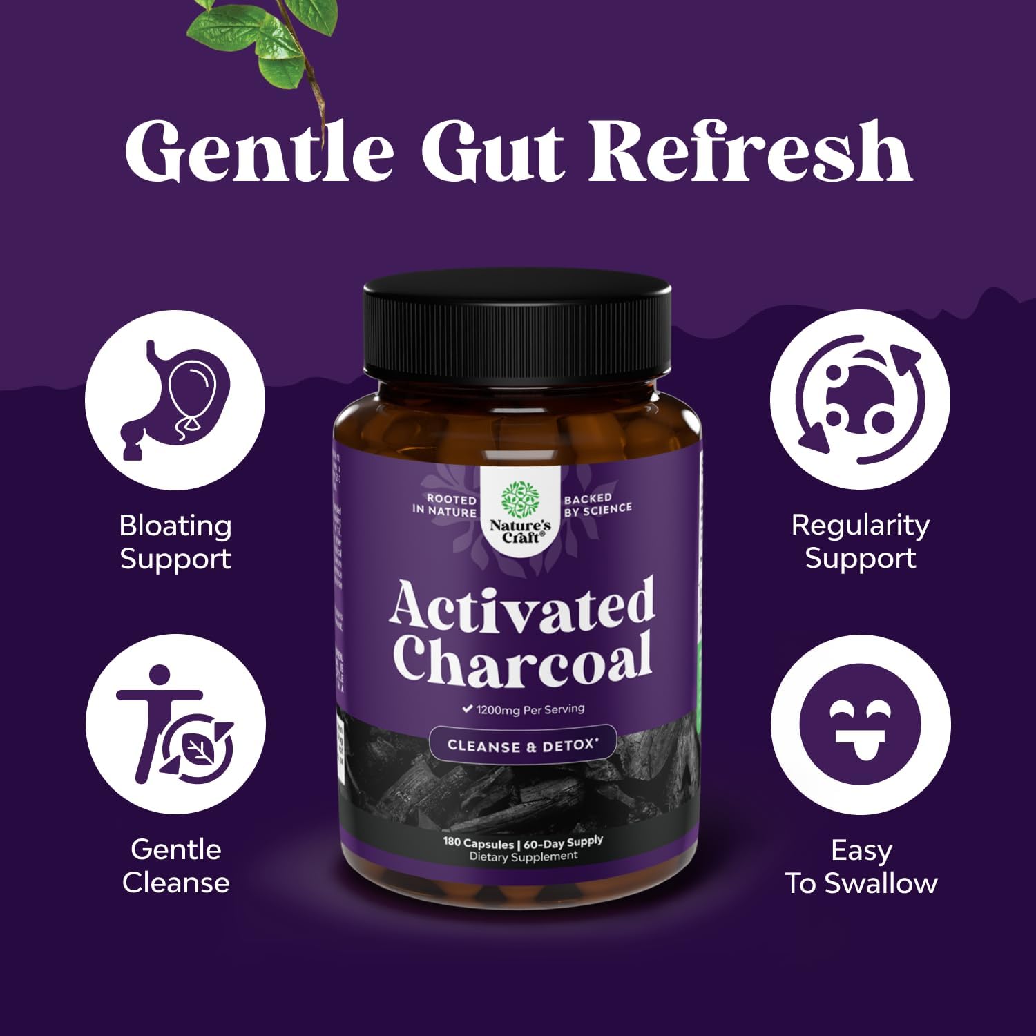 Activated Charcoal Capsules 1200mg - Coconut Charcoal Pills Stomach - 180ct | Activated charcoal powder in capsules / tablets (carbon activado), 1200mg / serving - digestive comfort & healthy gut Gsupps Australia