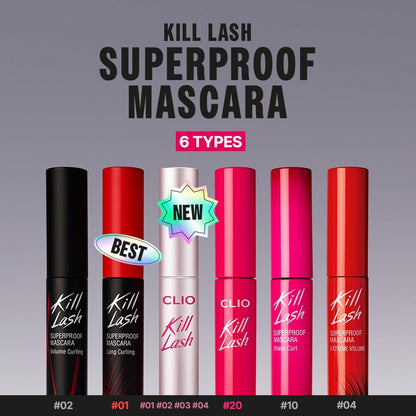 CLIO Kill Lash Superproof Mascara, Tubing Mascara, Smudge-Proof, Flake-Proof & Clump-Free, Extreme Volumizing False-Lash Effect, Warm Water Removal, Safe for Sensitive Eyes (004 Extreme Volume) CLIO PROFESSIONAL