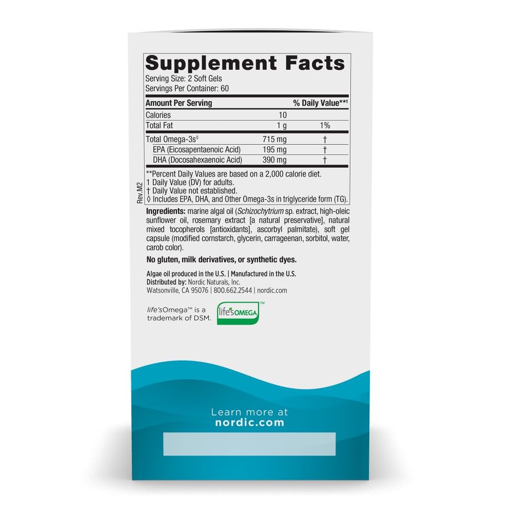 Nordic Naturals Algae Omega - 120 Soft Gels - 715 mg Omega-3 - Certified Vegan Algae Oil - Plant-Based EPA & DHA - Heart, Eye Nordic Naturals
