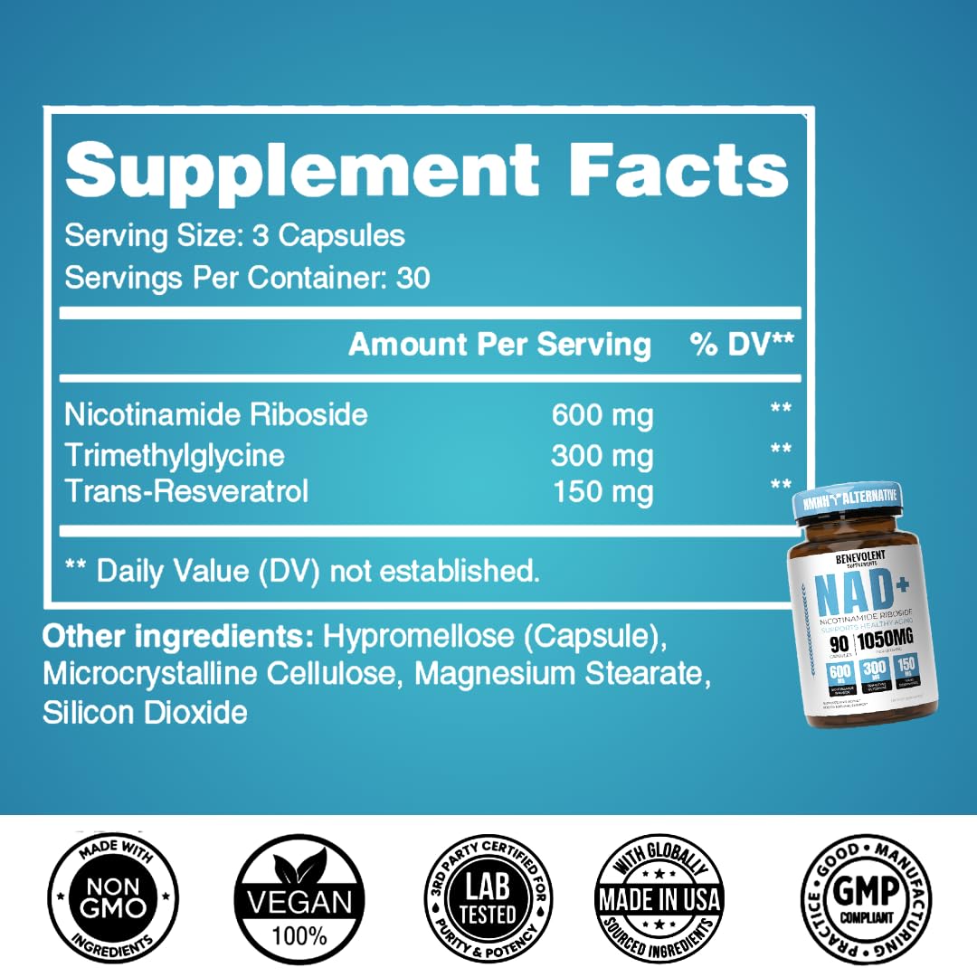 Benevolent NAD+ Supplement 1050mg, Max Absorption 3in1 NAD Supplements for Women & Men with Nicotinamide Riboside, Trans-Resveratrol & TMG, NAD Plus for Cellular Energy, Brain Support & Aging, 90 Caps Benevolent Nourishment buy australia supplements