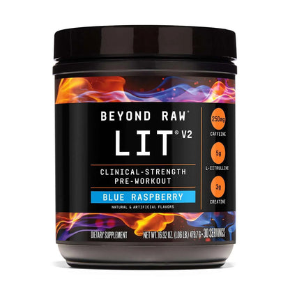 BEYOND RAW LIT V2 Clinical Strength Pre Workout Powder, Hits Harder, Bigger Pumps, Caffeine, L-Citrulline, Creatine, Blue Raspberry, 30 Servings BEYOND RAW