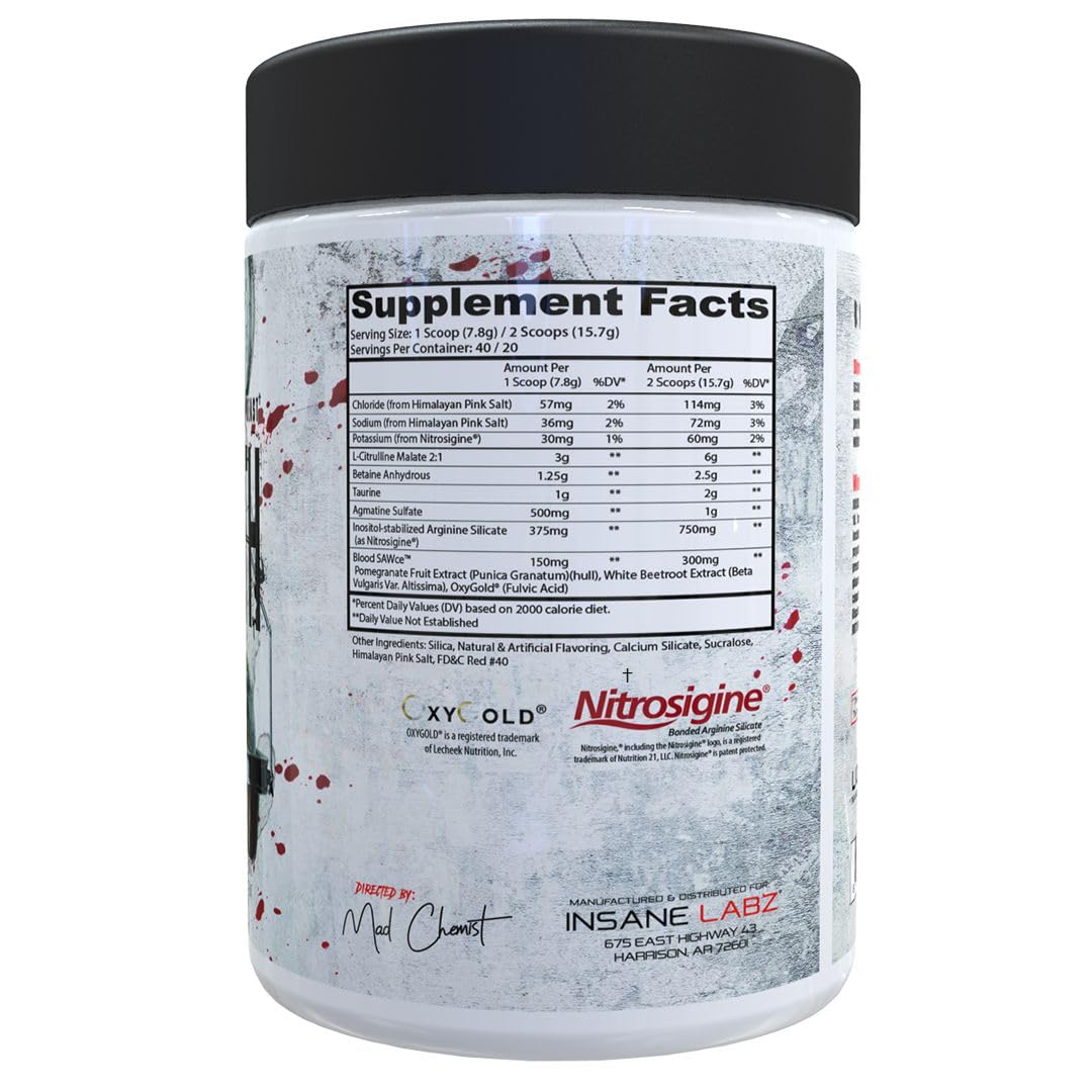 Insane Labz Saw® Bloodbath, Non-Stim Pump Pre Workout Powder with Nitrosigine®, OxyGold™, Agmatine Sulfate, L-Citrulline and Betainne Anhydrous, 40 Srvgs (Grape)
