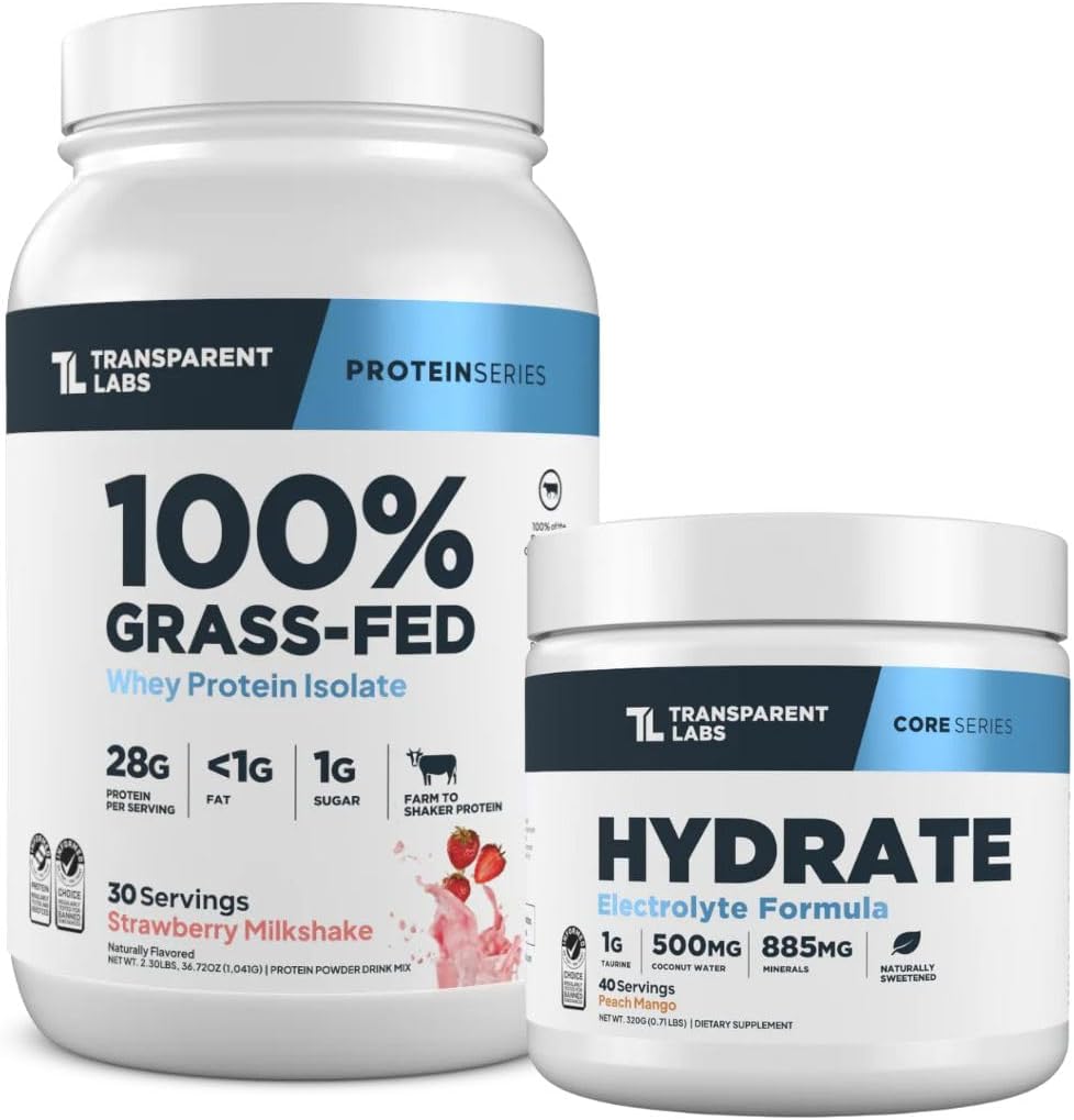 Transparent Labs Grass-Fed Whey Protein Isolate (30 Servings, Strawberry Milkshake) & Hydrate Electrolytes Powder (40 Servings, Peach Mango)