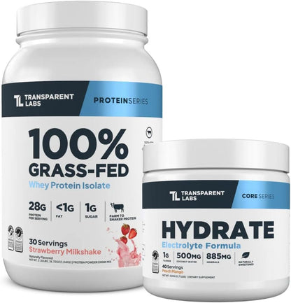Transparent Labs Grass-Fed Whey Protein Isolate (30 Servings, Strawberry Milkshake) & Hydrate Electrolytes Powder (40 Servings, Peach Mango)