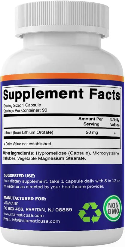 Vitamatic Lithium Orotate 20mg, 90 Capsules - Veggie Caps, Non-GMO, Gluten Free Vitamatic