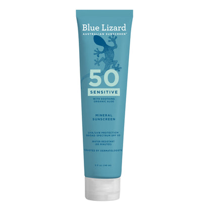Blue Lizard Sensitive Mineral SPF 50 Sunscreen Lotion, 100% Mineral Sunscreen, UVA/UVB Protection, Infused with organic Aloe Vera, Soothes and Hydrates, 5 fl oz BLUE LIZARD