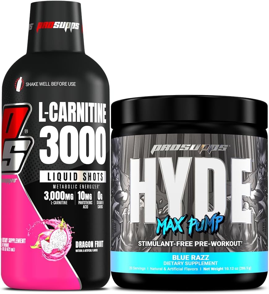 ProSupps L-Carnitine 3000 Stimulant Free Liquid Shots (31 Servings, Dragon Fruit) and Hyde Max Pump Pre Workout for Men and Women (20 Servings, Blue Razz) Bundle
