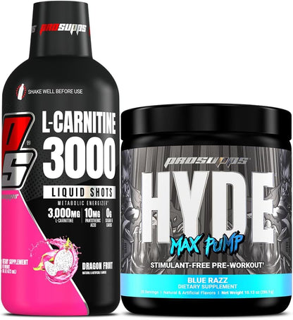 ProSupps L-Carnitine 3000 Stimulant Free Liquid Shots (31 Servings, Dragon Fruit) and Hyde Max Pump Pre Workout for Men and Women (20 Servings, Blue Razz) Bundle