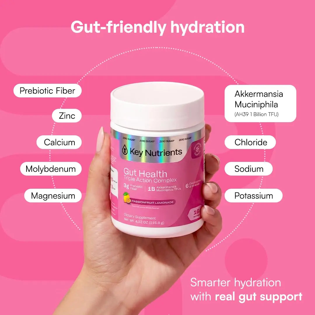 KEY NUTRIENTS Gut Health Hydration – Passionfruit Lemonade, Fiber Supplement with 3g Prebiotic Fiber & Akkermansia Probiotics for Women and Men KEY NUTRIENTS