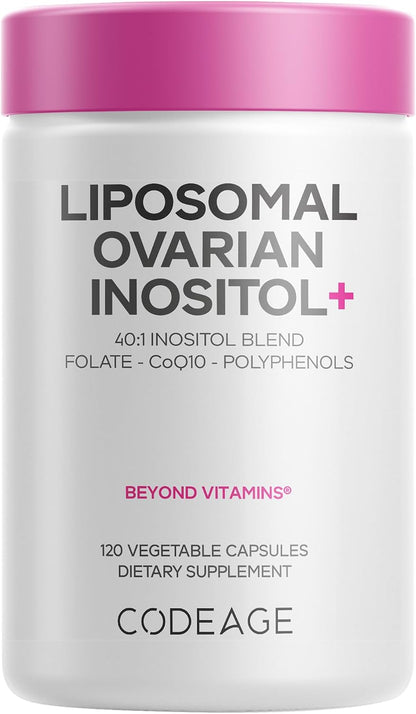 Codeage Liposomal Inositol+, Myo & D-Chiro 40:1, 5-MTHF, 120 Capsules | Myo and D-chiro inositol 40:1 with folate 5-MTHF, CoQ10 and botanicals. For women, two-month supply. Gluten-free, non-GMO.