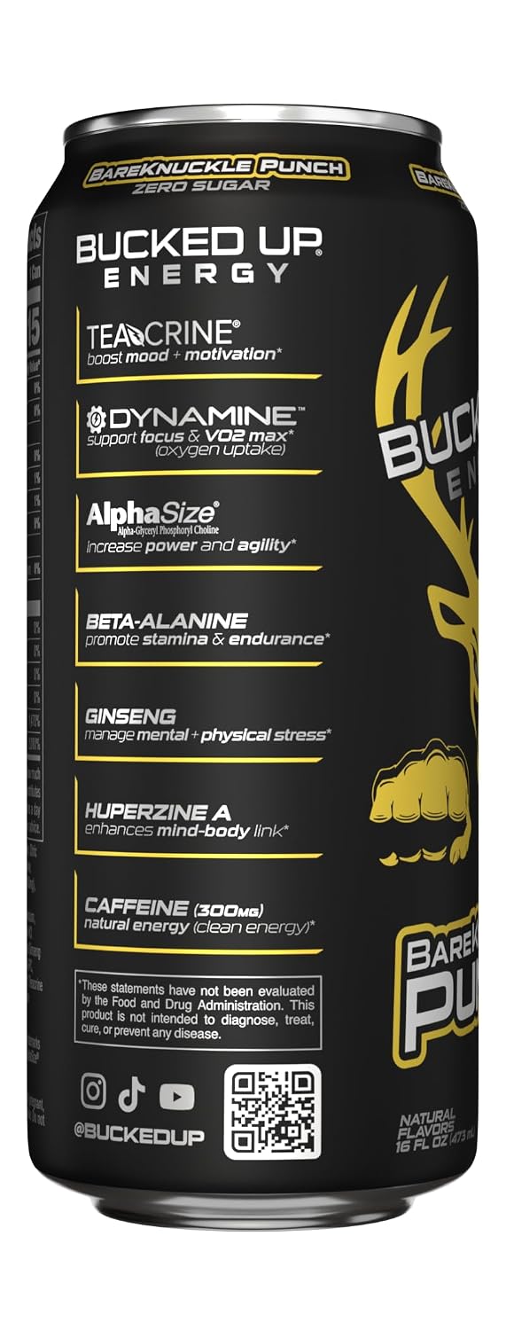 Bucked Up Energy Zero Sugar | 300mg Caffeine Energy Drink with AlphaSize TeaCrine Dynamine and Huperzine A | Zero Sugar Performance Beverage, 12 Pack, 16 fl oz Cans (BKFC Bareknuckle Punch)