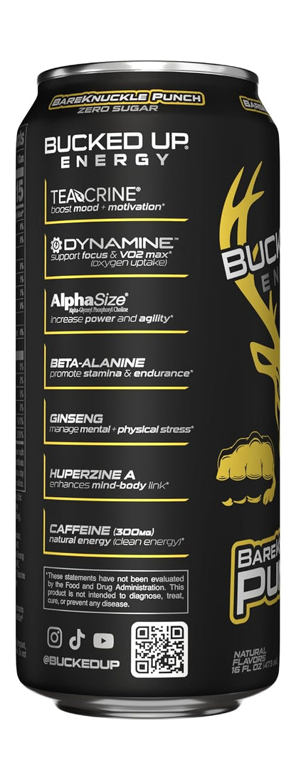 Bucked Up Energy Zero Sugar | 300mg Caffeine Energy Drink with AlphaSize TeaCrine Dynamine and Huperzine A | Zero Sugar Performance Beverage, 12 Pack, 16 fl oz Cans (BKFC Bareknuckle Punch)