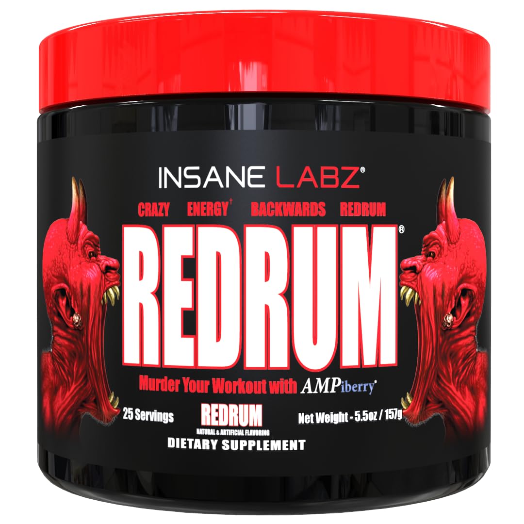 Insane Labz Redrum High Stim Pre Workout NO Booster Powder, Loaded with Beta Alanine Agmatine Sulfate Taurine Fueled by AMPiberry, OXYgold,Focus Strength Recovery,25 Srvgs Devil's Blood Black Cherry