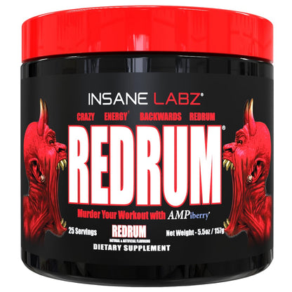 Insane Labz Redrum High Stim Pre Workout NO Booster Powder, Loaded with Beta Alanine Agmatine Sulfate Taurine Fueled by AMPiberry, OXYgold,Focus Strength Recovery,25 Srvgs Devil's Blood Black Cherry