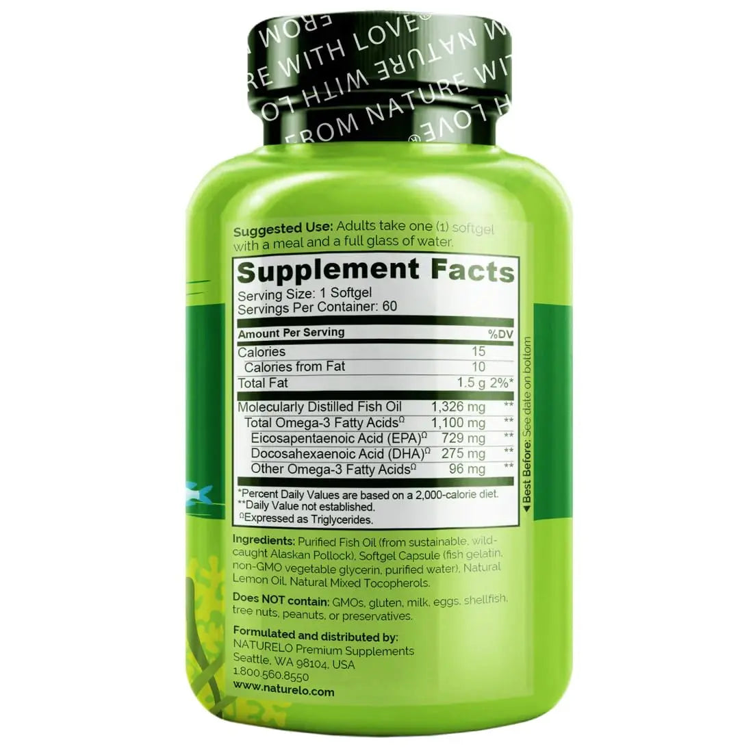 NATURELO Burpless Omega 3 Fish Oil Supplement - 1100mg Triglyceride Omega-3, EPA + DHA, Liquid Fish Oil for Heart, Eye, Brain, Joint Health NATURELO