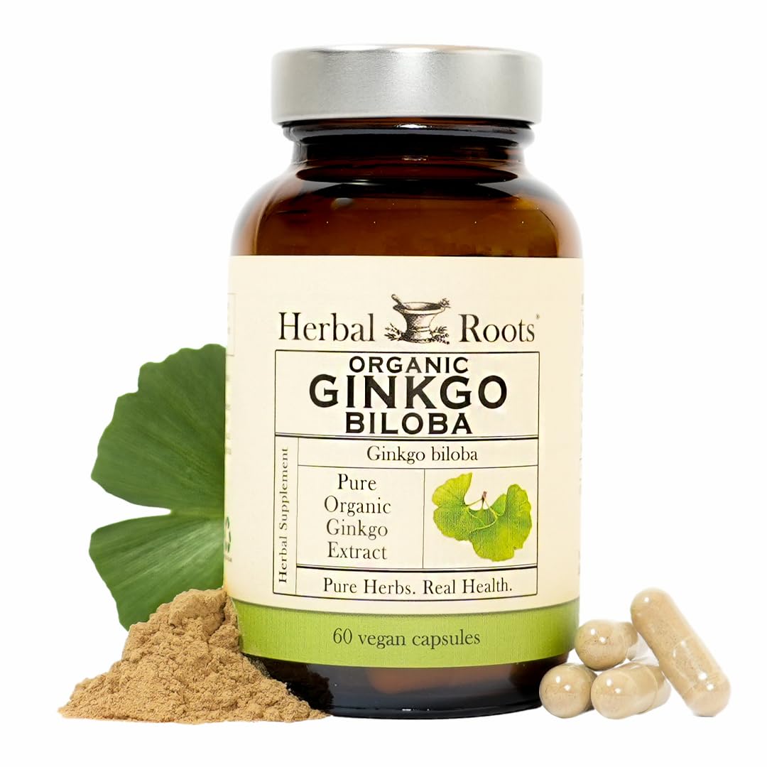 Herbal Roots Organic Ginkgo Biloba Made with Pure Organic Ginkgo Leaf and Extract - 60 Vegan Capsules Herbal Roots