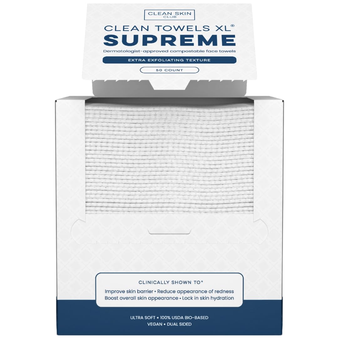 Clean Skin Club Clean Towels XL® Supreme, 100% USDA Biobased Face Towel, Disposable Face Towelette, Eczema Association Accepted, Thicker Textured Dry Wipes, Ultra Absorbent & Soft, 1 Pack, 50 Ct CLEAN SKIN CLUB