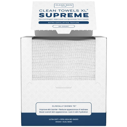 Clean Skin Club Clean Towels XL® Supreme, 100% USDA Biobased Face Towel, Disposable Face Towelette, Eczema Association Accepted, Thicker Textured Dry Wipes, Ultra Absorbent & Soft, 1 Pack, 50 Ct CLEAN SKIN CLUB
