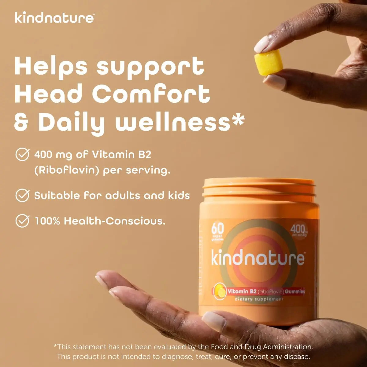 kindnature Vitamin B2 Gummies - Riboflavin 400mg Supplement for Kids & Adults - Non-GMO, Soy & Gluten-Free, Vegan Chewable Gummies (30 Day Supply) (2) kindnature