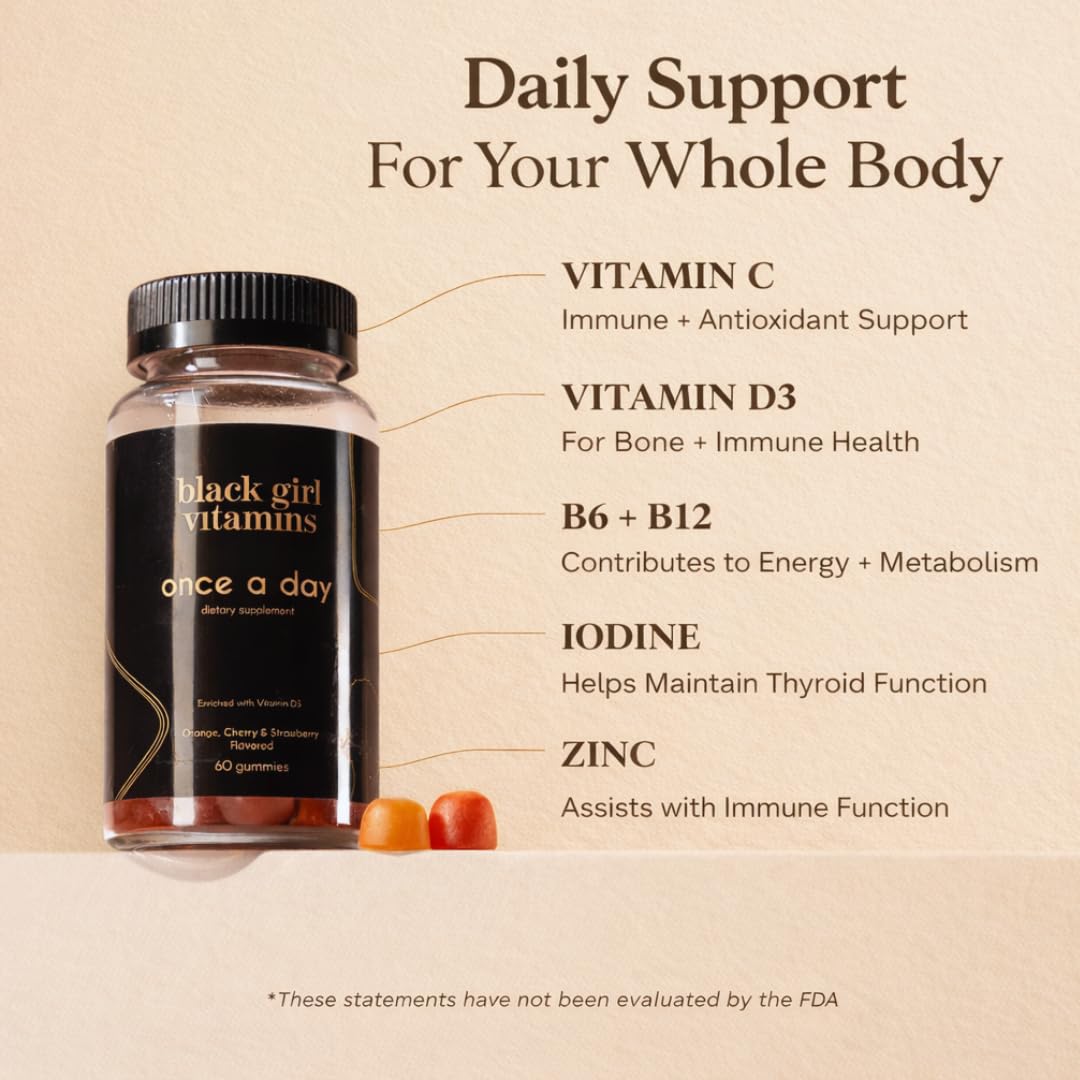 Black Girl Vitamins Once a Day - Womens Multivitamin Gummy - Vitamin A, B, C, E and Zinc. Multivitamin for Women, Immune Support. Vegan Black Girl Vitamins
