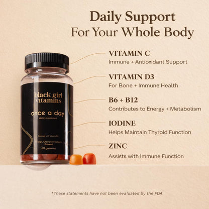 Black Girl Vitamins Once a Day - Womens Multivitamin Gummy - Vitamin A, B, C, E and Zinc. Multivitamin for Women, Immune Support. Vegan Black Girl Vitamins