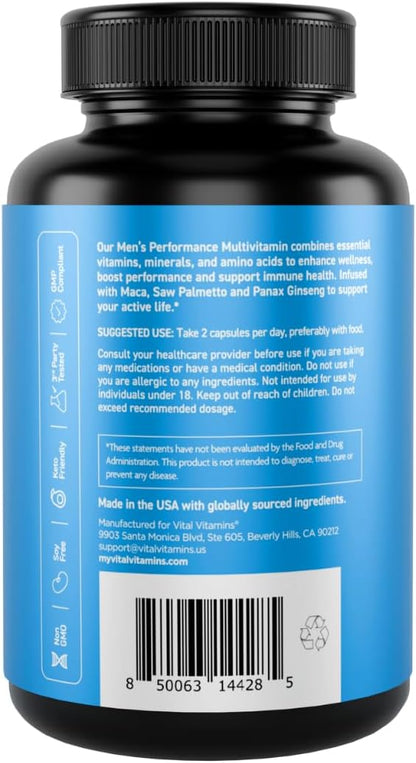 Vital Vitamins Men's Multivitamin Complex for Vitality & Performance | Complete Multivitamins with Essential Amino Blend, Maca Root, Saw Palmetto & Panax Ginseng, 60 Capsules Gsupps Australia