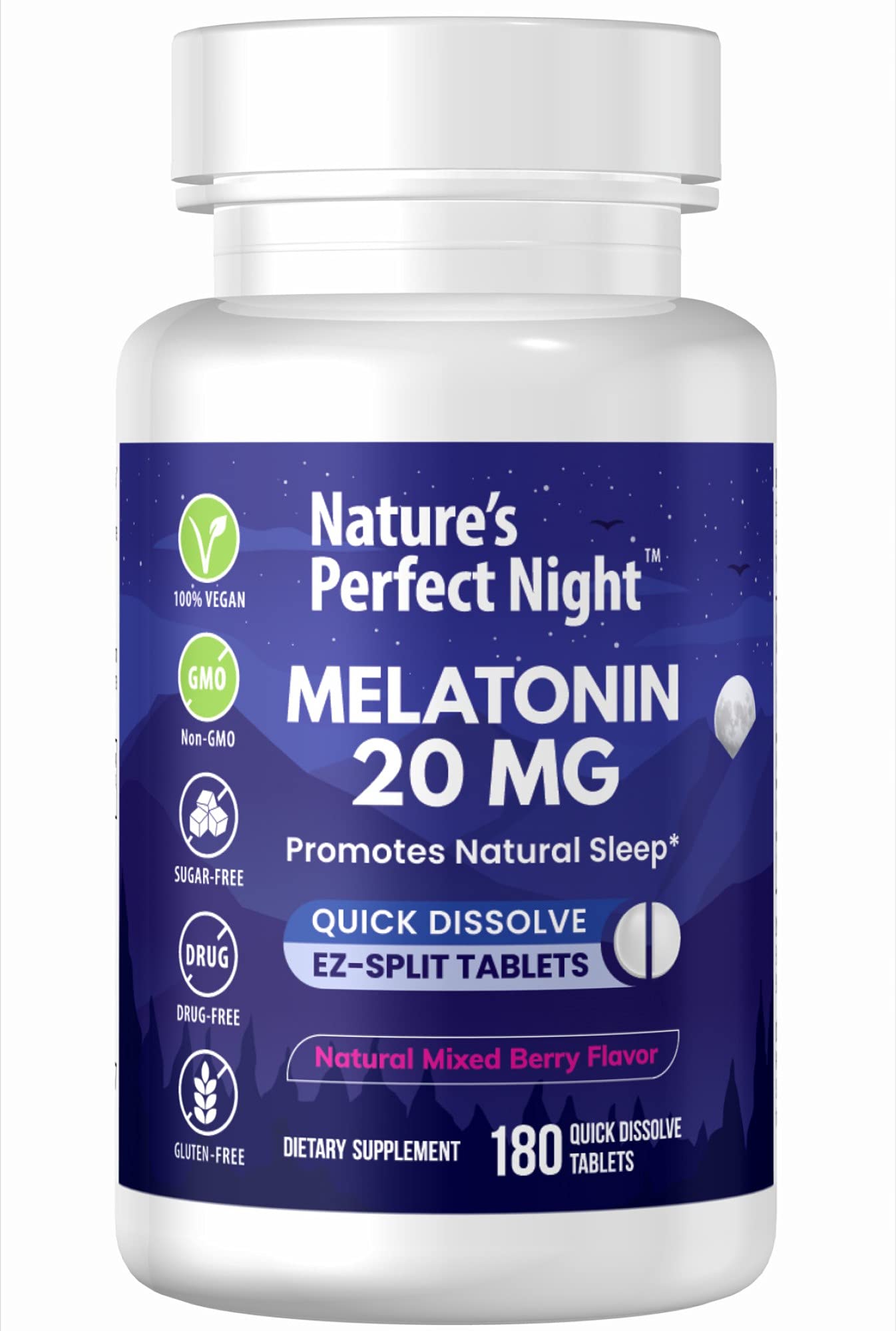 Nature's Perfect Night | Melatonin 20mg | 180 Quick Dissolve Tablets | Natural Mixed Berry Flavor |High Potency | Sugar Free Nature's Perfect Night