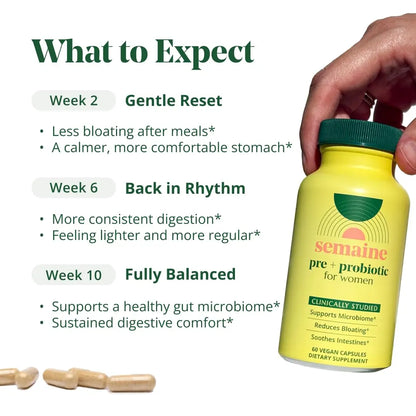 Semaine Super Powered Prebiotic + Probiotic for Women, Effective 3-in-1 Multi-Action Formula to Nourish Gut Health, Soothe IBS, Support Bloat Relief Semaine