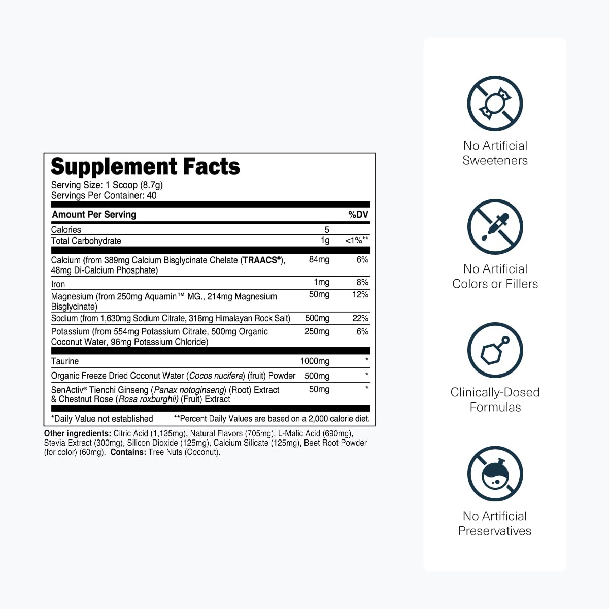 Transparent Labs Hydrate Naturally Sweetened Electrolytes Powder - Hydration Powder Electrolytes with Coconut Water, Calcium, Taurine, & Potassium - 40 Servings, Tropical Punch